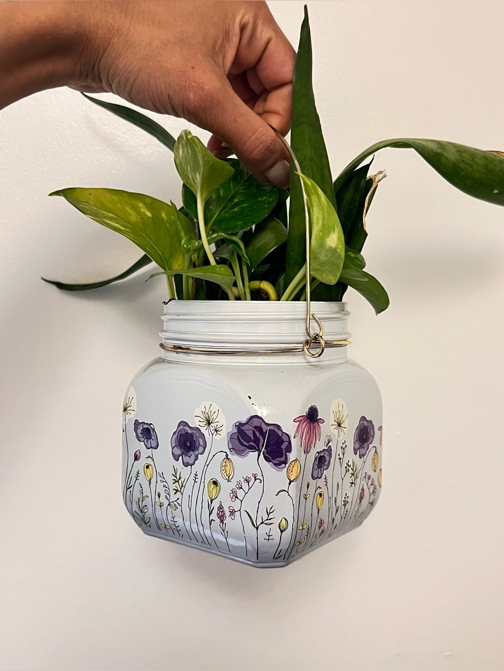 Floral White Glass Jar Lantern with Gold Handle